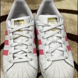 Adidas White Sneakers with Pink Stripes